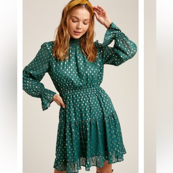 Anthropologie OPT High Neck Long Sleeve Green Gold Smocked Waist Dress Size S - Picture 1 of 7
